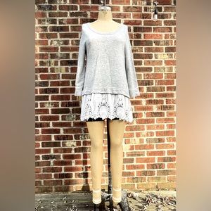Anthropologie Postage Stamp Tunic - Size Large, Grey Sweatshirt with Ivory Lace